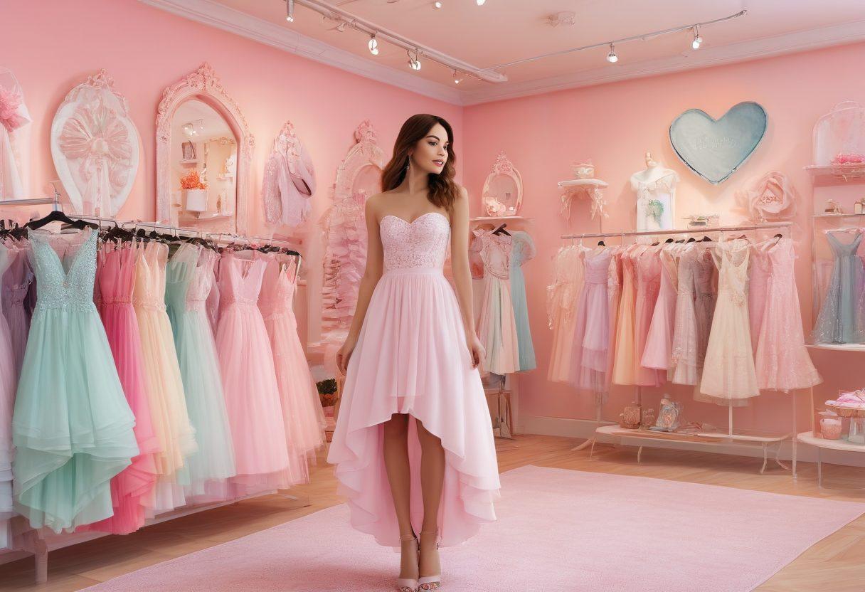 A stylish fashionista browsing a vibrant boutique filled with romantic and playful clothing, surrounded by pastel colors and whimsical decor, featuring flowing dresses, flirty skirts, and trendy accessories. The atmosphere is lively with dreamy elements like floating hearts and soft lighting. super-realistic. vibrant colors.