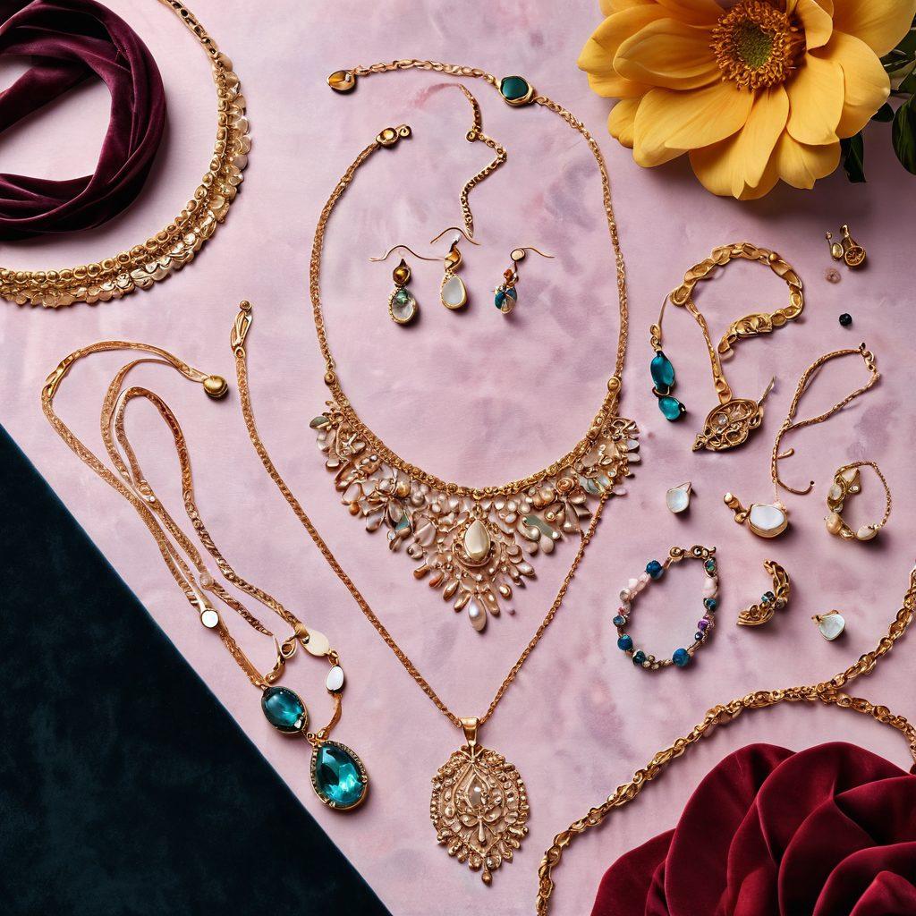 A stylish flat lay featuring an array of trendy jewelry pieces, including statement necklaces, elegant earrings, and chic bracelets, artfully arranged on a velvet background. Soft, warm lighting enhances the textures of the metals and gemstones, creating an inviting atmosphere. Incorporate hints of everyday and evening outfits in the background to show versatility. Add a touch of floral elements for a fresh vibe. super-realistic. vibrant colors. elegant composition.