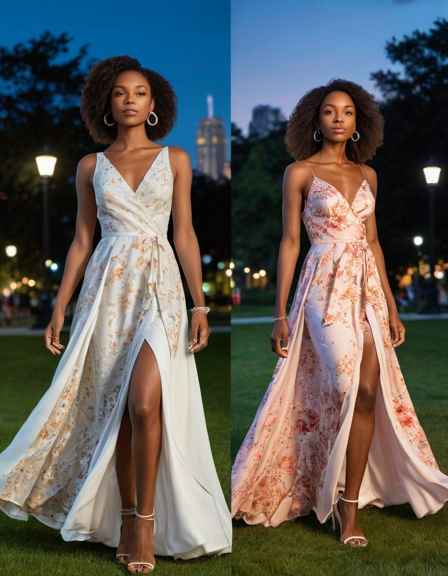 A stylish, split image showcasing a woman transitioning from day to night outfits, one side featuring a light, flowing day dress in a sunny park setting, and the other side showcasing an elegant, chic evening gown illuminated by city lights. Include hints of playful accessories and soft floral elements in the background. Focus on the transformation and versatility of fashion. vibrant colors. super-realistic.